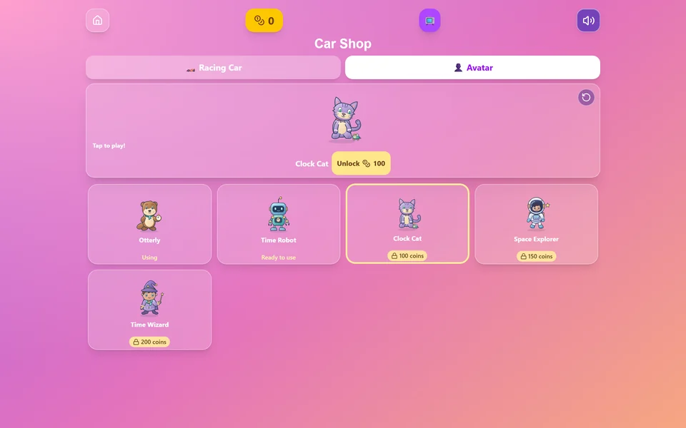 Clock Cat and the five animated companion choices