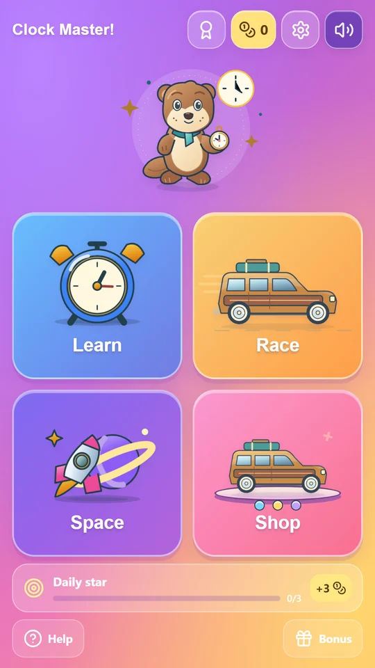 Clock Master with Otterly, clock lessons, racing, and universe exploration