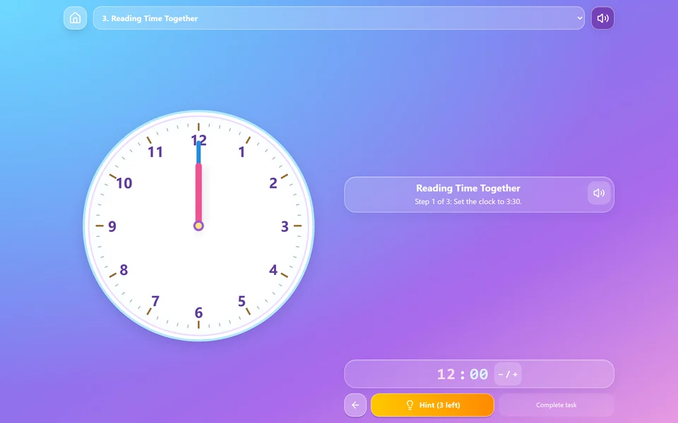 Guided clock-hand practice with a clear target and feedback