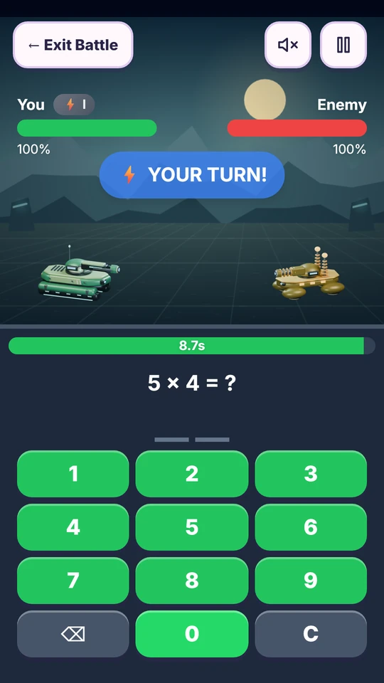 Math Tank battle with the new tanks, health bars, and answer keypad