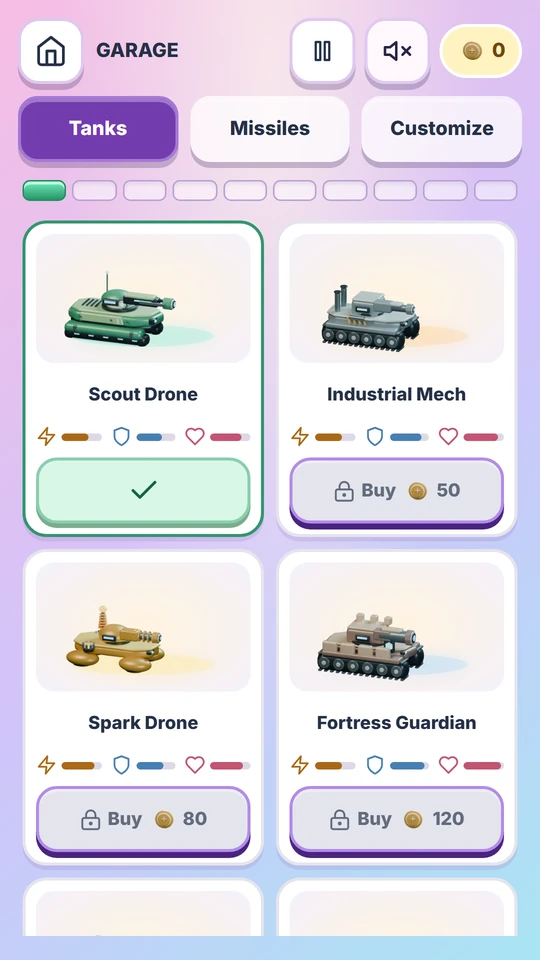 Compact illustrated tank cards with visual stats