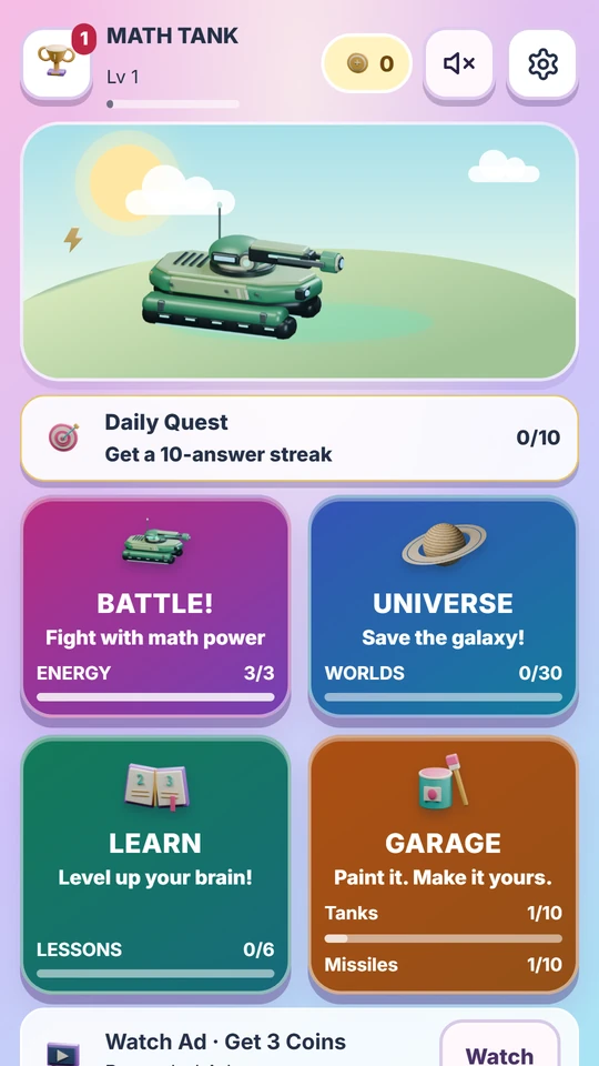 Math Tank home with the new illustrated tank, battle, universe, lessons, and garage