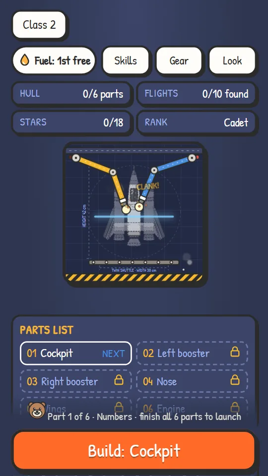 Actual Space Academy gameplay: a class map of space missions with a ship to build